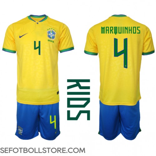 Brasilien Marquinhos #4 Replika babykläder Hemmaställ Barn VM 2022 Kortärmad (+ korta byxor)